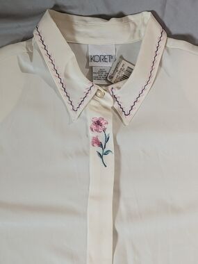 Koret Cream Button-Down Shirt with Pink Floral & Navy Stitching